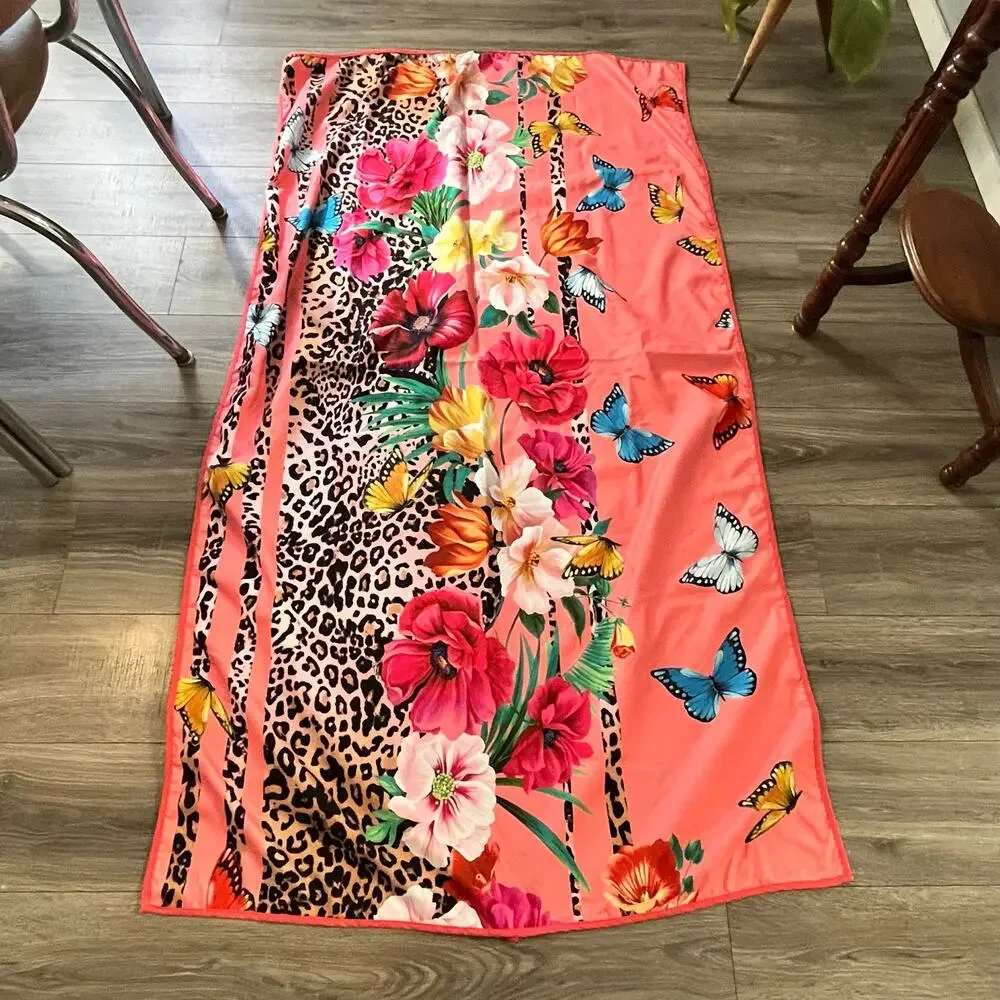 Johnny was double sided tropical and cheetah coral teal beach towel 67”x37.5”htf